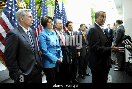 House Speaker John Boehner, R-Ohio, speaks to the media, mostly about job creation, after a House Republican Conference meeting on Capitol Hill in Washington, DC, on October 25, 2011. With him from left are House Majority Whip Kevin McCarthy, R-Calif.; Rep. Cathy McMorris Rodgers, R-Wash.; Rep. Wally Herger, R-Calif.; House Majority Leader Eric Cantor, R-Va.; and Rep. Jeb Hensarling, R-Texas (L to R).  UPI/Roger L. Wollenberg Stock Photo