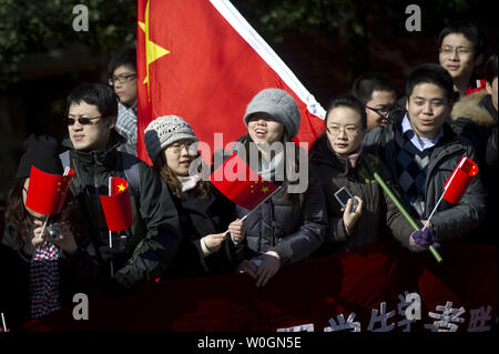 China supporters rally outside of the Marriott Wardman Park Hotel as Chinese Vice President Xi Jinping speaks inside in Washignton, D.C. on February 15, 2012.  UPI/Kevin Dietsch Stock Photo