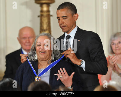 President Barack Obama awards the the Presidential Medal of Freedom to author Toni Morrison during a ceremony in the East Room at the White House in Washington on May 29, 2012. The Medal of Freedom is our Nation's highest civilian honor, presented to individuals who have made especially meritorious contributions to the security or national interests of the United States, to world peace, or to cultural or other significant public or private endeavors.   UPI/Kevin Dietsch Stock Photo