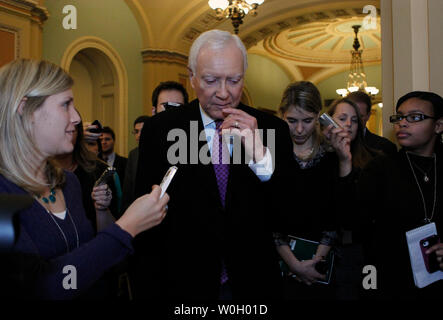 US Senator Orrin Hatch (R-UT) talks to reporters in the U.S. Capitol in Washington, DC, December 31, 2012.   Democratic and Republican congressional leaders are near a deal to avert the 'fiscal cliff,' but they're not there yet, President Obama said Monday.  UPI/Molly Riley Stock Photo