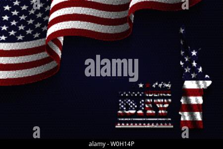 4th of July happy independence day of america . Statue of liberty with text and waving american flag at corner on blue background . Vector . Stock Vector