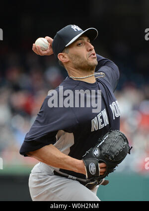 New York Yankees pitcher Andy Pettite pitches against the Washington Nationals during the first inning at Nationals Park on Mach 29, 2013 in Washington, D.C. UPI/Kevin Dietsch Stock Photo