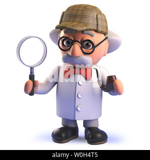 3d rendered image of a crazy mad scientist cartoon character in 3d dressed like Sherlock Holmes holding a magnifying glass Stock Photo