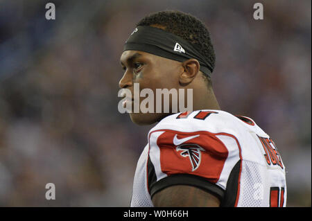 Atlanta Falcons wide receiver Julio Jones is seen during the Falcons game against the Baltimore Ravens at M&T Bank Stadium on August 15, 2013 in Baltimore, Maryland.  UPI/Kevin Dietsch Stock Photo