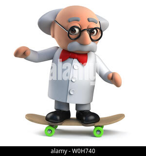 3d render of a slightly mad scientist character in 3d riding on a skateboard Stock Photo