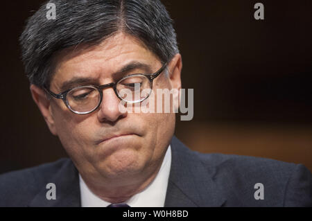 Treasury Secretary Jack Lew testifies before a Senate Finance Committee hearing on the debt limit on Capitol Hill on October 10, 2013 in Washington, D.C. UPI/Kevin Dietsch Stock Photo