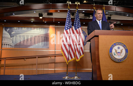 US House Speaker John Boehner (R-OH) makes remarks to reporters on a range of issues such as unemployment insurance benefits and the relationship between Congress and President Obama, at the US Capitol, January 16, 2014, in Washington, DC. Congress will be recessing, leaving much legislation unfinsihed, before returning late in January.                             UPI/Mike Theiler Stock Photo