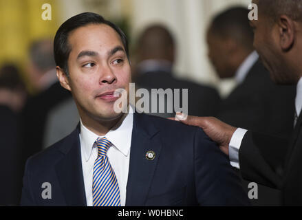 San Antonio Mayor Julian Castro attends an event where President Obama address the 82nd Winter Meeting of The United States Conference of Mayors, at the White House in Washington, D.C. on January 23, 2014.  UPI/Kevin Dietsch Stock Photo