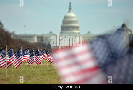 Some of the 1,892 American flags are seen on the National Mall placed by The Iraq and Afghanistan Veterans of America, each flag represents one of the 1,892 veterans and service members who have committed suicide this year, in Washington, D.C., March 27, 2014. The memorial is part of the 'We've Got Your Back: IAVA's Campaign to Combat Suicide  UPI/Kevin Dietsch Stock Photo