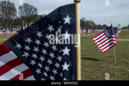 Some of the 1,892 American flags are seen on the National Mall placed by The Iraq and Afghanistan Veterans of America, each flag represents one of the 1,892 veterans and service members who have committed suicide this year, in Washington, D.C., March 27, 2014. The memorial is part of the 'We've Got Your Back: IAVA's Campaign to Combat Suicide  UPI/Kevin Dietsch Stock Photo