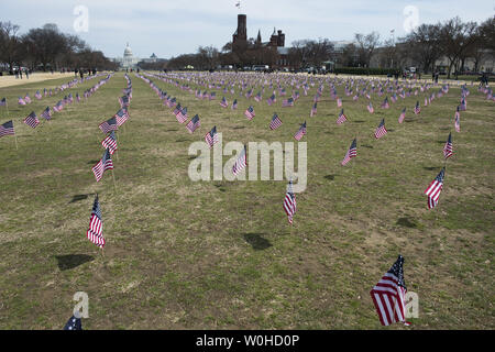 Some of the 1,892 American flags are seen on the National Mall placed by The Iraq and Afghanistan Veterans of America, each flag represents one of the 1,892 veterans and service members who have committed suicide this year, in Washington, D.C., March 27, 2014. The memorial is part of the 'We've Got Your Back: IAVA's Campaign to Combat Suicide  UPI/Kevin Dietsch Stock Photo