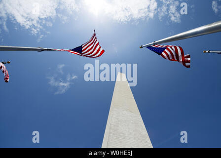 The Washington Monument is seen as it is reopened after nearly three years of repairs and renovations following the 2011 earthquake, in Washington, D.C, May 12, 2014.  The Monument was closed following damages from the unusual 5.8 magnitude earthquake that hit the D.C. region. Cost to repair the monument were apoximatly $15 million, half of which was donated by philanthropist David Rubenstein. UPI/Kevin Dietsch Stock Photo