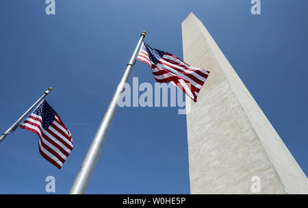 The Washington Monument is seen as it is reopened after nearly three years of repairs and renovations following the 2011 earthquake, in Washington, D.C, May 12, 2014.  The Monument was closed following damages from the unusual 5.8 magnitude earthquake that hit the D.C. region. Cost to repair the monument were apoximatly $15 million, half of which was donated by philanthropist David Rubenstein. UPI/Kevin Dietsch Stock Photo