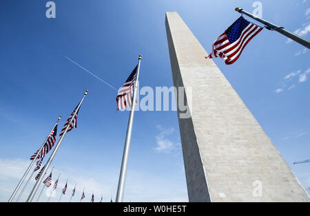 The Washington Monument is seen as it is reopened after nearly three years of repairs and renovations following the 2011 earthquake, in Washington, D.C, May 12, 2014.  The Monument was closed following damages from the unusual 5.8 magnitude earthquake that hit the D.C. region. Cost to repair the monument were apoximatly $15 million, half of which was donated by philanthropist David Rubenstein. UPI/Kevin Dietsch Stock Photo