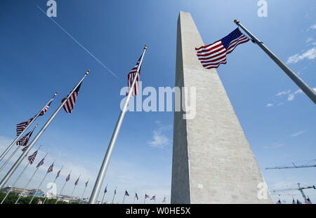 The Washington Monument is seen as it is reopened after nearly three years of repairs and renovations following the 2011 earthquake, in Washington, D.C, May 12, 2014.  The Monument was closed following damages from the unusual 5.8 magnitude earthquake that hit the D.C. region. Cost to repair the monument were apoximatly $15 million, half of which was donated by philanthropist David Rubenstein. UPI/Kevin Dietsch Stock Photo