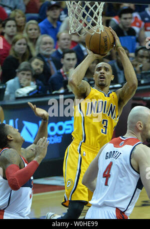 Indiana Pacers guard George Hill (3) shoots for three against the Washington Wizards during the 1st half of game six of the Eastern Conference Semifinals at the Verizon Center in Washington, D.C. on May 15, 2014. UPI/Kevin Dietsch Stock Photo