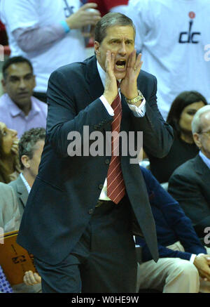 Washington Wizards head coach Randy Wittman leads his team against the Indiana Pacers during game six of the Eastern Conference Semifinals at the Verizon Center in Washington, D.C. on May 15, 2014. The Pacers defeated the Wizards 93-80 and advance to the Eastern Conference finals. UPI/Kevin Dietsch Stock Photo