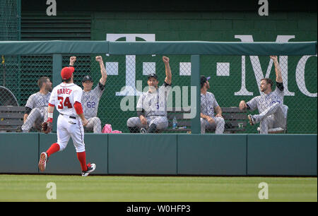 Washington Nationals outfielder Bryce Harper (34) hits go ahead home run  during the top of the tenth inning of game against the Philadelphia  Phillies at Citizens Bank Park in Philadelphia, Pennsylvania on