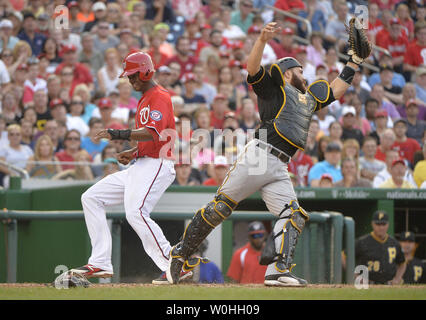 Pittsburgh Pirates catcher Russell Martin (55) looks to the umpire in the  sixth inning of the 11 inning 2-1 win over the St. Louis Cardinals at PNC  Park in Pittsburgh, on July