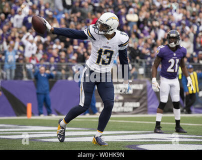 San Diego Chargers wide receiver Keenan Allen celebrates after scoring a 12-yard touchdown reception against the Baltimore Ravens in the first quarter at M&T Bank Field in Baltimore, Maryland on November 30, 2014.  UPI/Kevin Dietsch Stock Photo