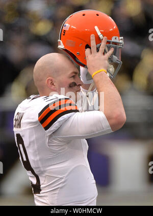 Cleveland Browns quarterback Connor Shaw puts his helmet on before going in against Baltimore Ravens at M&T Bank Stadium in Baltimore, Maryland on December 28, 2014. The Ravens defeated the Browns 20-10. UPI/Kevin Dietsch Stock Photo