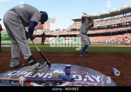 New York Mets Lucas Duda (L) and David Wright get read to face Max Scherzer in the 4th inning of game against the Washington Nationals on Opening Day at Nationals Park on April 6, 2015 in Washington, DC.  Mets won 3-1   Photo by Pat Benic/UPI Stock Photo