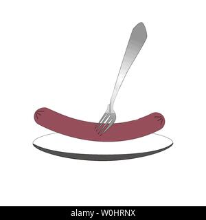 Cooked sausage with a fork stuck to the Breakfast isolated white background. Stock Vector