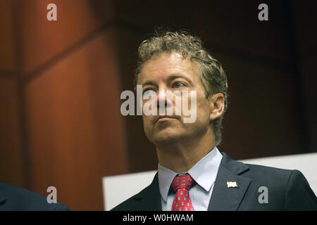 Sen. Rand Paul, R-KY, attends a news conference on the 'Transparency for the Families of 9/11 Victims and Survivors Act of 2015' on Capitol Hill in Washington, D.C., on June 2, 2015. The law requires President Obama to declassify and make available to the public the redacted 28 pages from the Joint Inquiry into Intelligence Community Activities Before and After the Terrorist Attacks of September 2001. Photo by Kevin Dietsch/UPI Stock Photo
