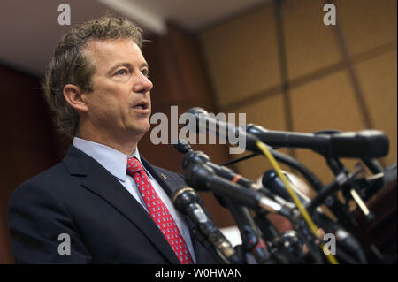 Sen. Rand Paul, R-KY, speaks at a news conference on the 'Transparency for the Families of 9/11 Victims and Survivors Act of 2015' on Capitol Hill in Washington, D.C., on June 2, 2015. The law requires President Obama to declassify and make available to the public the redacted 28 pages from the Joint Inquiry into Intelligence Community Activities Before and After the Terrorist Attacks of September 2001. Photo by Kevin Dietsch/UPI Stock Photo