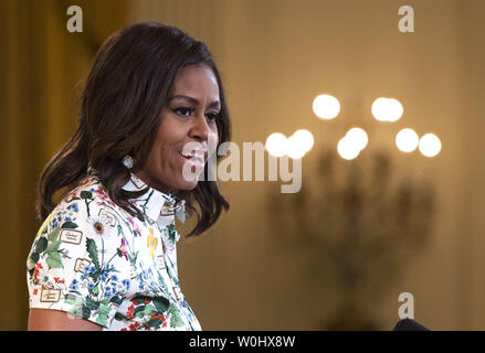 First Lady Michelle Obama speaks to the Kid's State Dinner at the White House in  Washington, D.C. on July 10, 2105.  The fourth-annual lunch event aware the winners of a contest that challenge kids ages 8-12 to create an original recipe that is healthy, affordable, and delicious. Photo by Kevin Dietsch, UPI Stock Photo