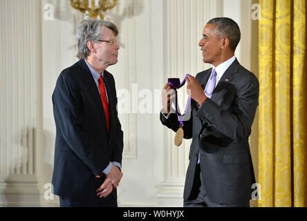President Barack Obama awards a 2014 National Medal of Arts to author Stephen King during a ceremony at the White House in Washington, D.C. on September 10, 2015.  Photo by Kevin Dietsch/UPI Stock Photo