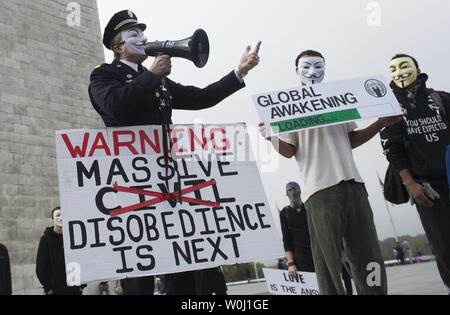 Demonstrators participate in the Million Mask March, an anti-establishment protest expected to take part today in over 670 cities worldwide, in Washington, D.C. on November 5, 2015. The march, allegedly organized by Anonymous, the “hacktivist” group linked to cyber-attacks against governments and multi-national corporations, aims at protesting government overreach and corporate greed, among other grievances. Photo by Kevin Dietsch/UPI Stock Photo