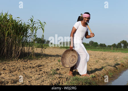 Indian farmer working in a field Stock Photo