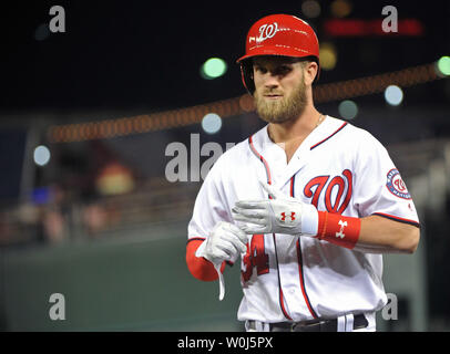 Washington Nationals Bryce Harper walks off after hitting a group out  single against the Philadelphia Phillies in the sixth inning at Nationals  Park in Washington, D.C. on April 28, 2016. Photo by