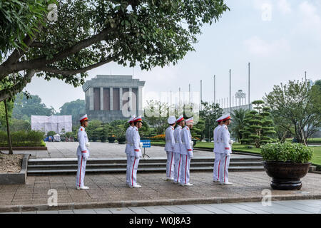 Hanoi, Vietnam : Sep 12 2017 : Soilders military parade in Ho Chi Minh Mausoleum large building located in center of Ba Dinh Square Stock Photo