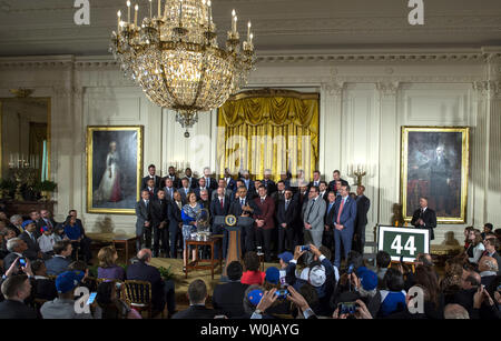 President Barack Obama makes remarks during a ceremony to honor the Chicago Cubs in the East Room of the White House in Washington, D.C. on January 16, 2017.  The Cubs won Major League Baseball's World Series in October.      Photo by Pat Benic/UPI Stock Photo