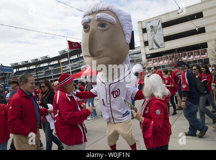 Washington Nationals' mascot Thomas Jefferson runs the warning track in  between innings as the Washington Nationals play the Philadelphia Phillies  at Nationals Park in Washington on April 13, 2009. (UPI Photo/Kevin Dietsch