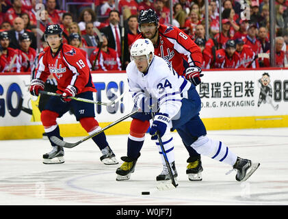 Toronto Maple Leafs center Auston Matthews (34) skates against Washington Capitals left wing Alex Ovechkin (8) in the second period of Game 1 of the Eastern Conference Quarterfinals at the Verizon Center in Washington, D.C. on April 13, 2017. Photo by Kevin Dietsch/UPI Stock Photo