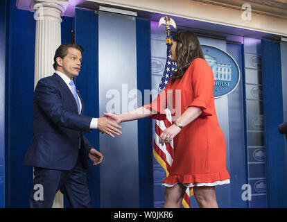 Newly announced White House Communications Director Anthony Scaramucci shakes hands with Principal Deputy White House Press Secretary Sarah Huckabee Sanders during the daily press briefing at the White House in Washington, D.C. on July 21, 2017. The White House announced that Sanders will be replacing outgoing White House Press Secretary Sean Spicer, who announced his resignation today. Photo by Kevin Dietsch/UPI Stock Photo