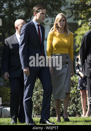 Ivanka Trump, the daughter of President Donald Trump, and her husband Jared Kusher arrive to participate in a moment of silence for the victims of Sunday's mass shootings in Las Vegas, at the White House in Washington, D.C. on October 2, 2017. Last night a gunman opened fire on a concert in Las Vegas killing at least 50 an injuring over 400. The shooting, which President Trump called 'an act of pure evil,' is now the deadliest mass shooting in modern U.S. history. Photo by Kevin Dietsch/UPI Stock Photo