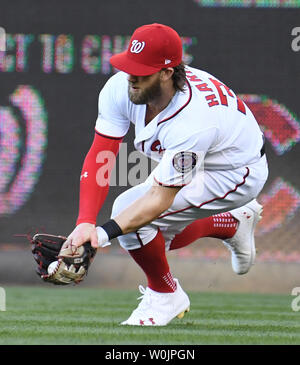 Washington Nationals right fielder Bryce Harper (34) catches a drive off the bat of Chicago Cubs Albert Almora Jr.  in the first inning of game 2 of the NLDS at Nationals Park in Washington, D.C. on October 7, 2017.     Photo by Pat Benic/UPI Stock Photo