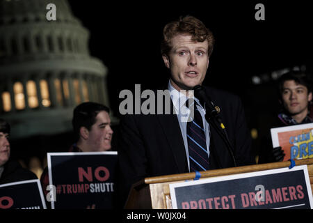 Rep. Joseph Kennedy III (D-Mass.) speaks to activists and dreamers during a MoveOn.org rally on the East Lawn of the United States Capitol on January 19, 2018 in Washington, DC. The rally was talking place as the US Senate tries to avert a government shutdown at midnight.     Photo by Pete Marovich/UPI Stock Photo