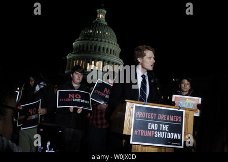 Rep. Joseph Kennedy III (D-Mass.) speaks to activists and dreamers during a MoveOn.org rally on the East Lawn of the United States Capitol on January 19, 2018 in Washington, DC. The rally was talking place as the US Senate tries to avert a government shutdown at midnight.     Photo by Pete Marovich/UPI Stock Photo