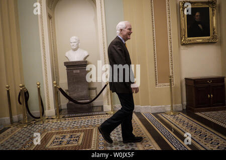 Senator Majority Whip John Cornyn (R-Tx.) makes his way to his office after the US Senate adjourned on January 20, 2018 in Washington, DC. The Senate was unable to find the votes to avert a government shutdown at midnight.     Photo by Pete Marovich/UPI Stock Photo