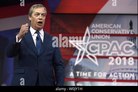 British politician and Member of the European Parliament Nigel Farage makes remarks at the Conservative Political Action Conference (CPAC), February 23, 2018, in National Harbor, Maryland. Thousands of conservative activists, Republicans and Tea Party Patriots gathered to hear politicians and radio and TV hosts speak, lobby and network for the conservative cause.       Photo by Mike Theiler/UPI Stock Photo