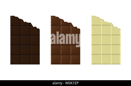 Dark, milk and white chocolate bar icons isolated. Bitten off chocolate bars Stock Vector