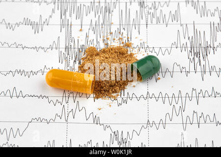 Opened green and yellow capsule with medicine on EKG graph. Stock Photo