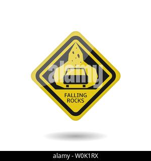 Yellow Falling rocks warning sign. Car and stones icon, Vector illustration Stock Vector