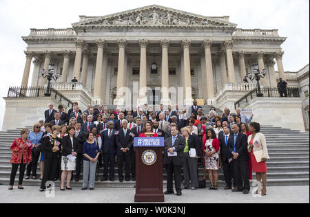 House Minority Leader Nancy Pelosi, D-Calif., joined by fellow House democrats, speaks at a press conference to introduce legislation to end family separation for those detained for crossing the border illegally, at the U.S. Capitol Building in Washington, D.C. on June 20, 2018. Photo by Kevin Dietsch/UPI Stock Photo