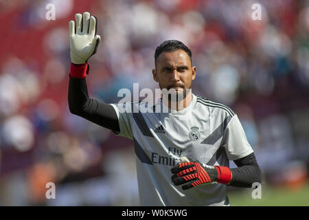 Real Madrid goalkeeper Keylor Navas (1) waves to fans as he warms up prior to the International Champions Cup match between Juventus and Real Madrid at FedEx Field on August 4, 2018 in Landover, Maryland. Photo by Alex Edelman/UPI Stock Photo